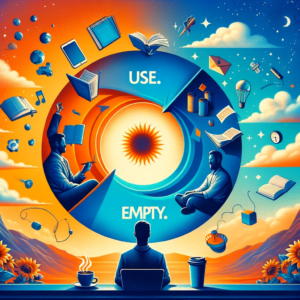 Illustration des 'Use. Fill. Empty.'-Konzepts mit einem kreisförmigen Diagramm, das den täglichen Produktivitätszyklus darstellt. 'Use' zeigt eine Person, die morgens kreativ mit Büchern und Notizen arbeitet, symbolisiert durch ein aufgehendes Sonnensymbol. 'Fill' ist am Nachmittag dargestellt, mit einer Person, die in einer entspannten Haltung Wissen aufnimmt, umgeben von Symbolen für Lernen und soziale Interaktion. 'Empty' zeigt eine Person in meditativer Haltung am Abend, umgeben von einer ruhigen, nächtlichen Szenerie, was die geistige Entspannung und Vorbereitung auf den nächsten Tag visualisiert. Im Vordergrund sitzt eine Person, die auf einen Laptop schaut, eingetaucht in die Arbeit, mit einer Kaffeetasse und Sonnenblumen im Vordergrund, die Energie und Konzentration für den Tag ausdrücken.