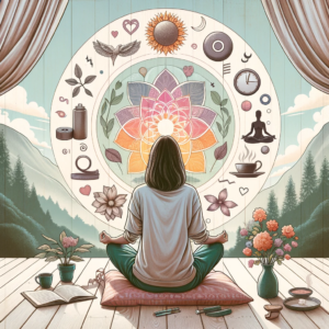 Inspirierende Darstellung einer Person, die ihre Morgenroutine mit Meditation, leichtem Training und Zielsetzung durchführt, symbolisch für den Aufbau produktiver Gewohnheiten und Routinen im Alltag.